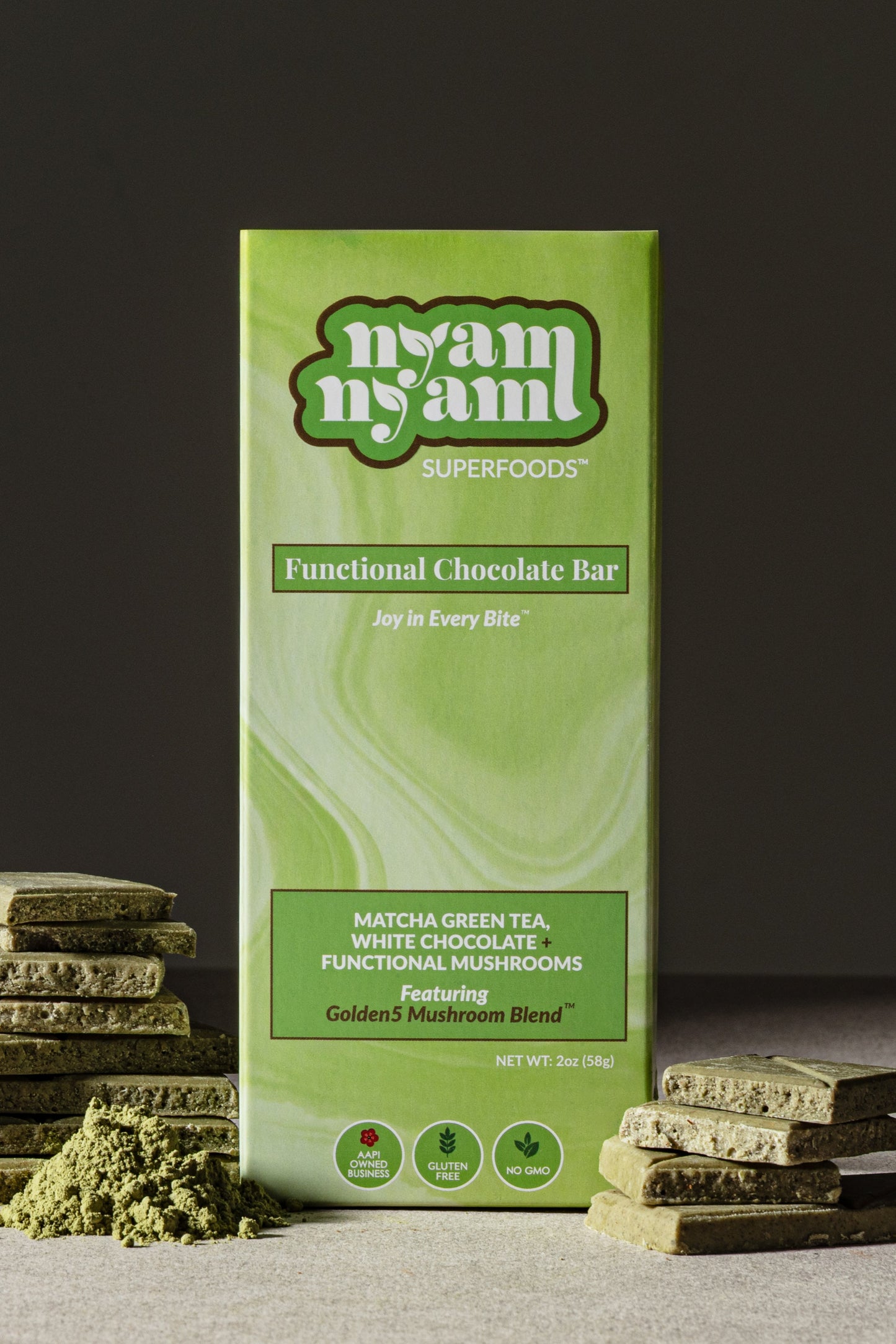 Matcha Green Tea + White Chocolate + Golden5 Mushroom Blend - Functional Chocolate Bar