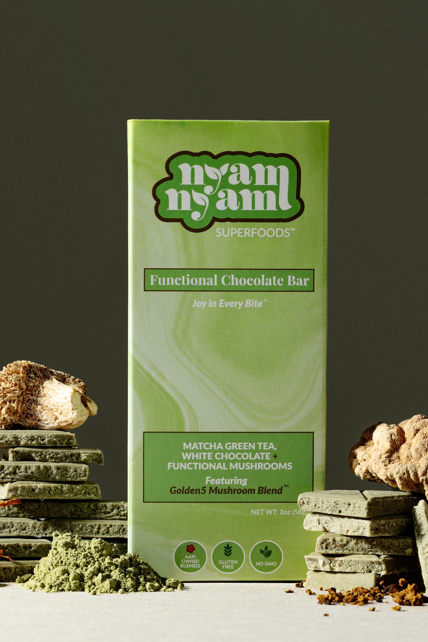 Matcha Green Tea + White Chocolate + Golden5 Mushroom Blend - Functional Chocolate Bar